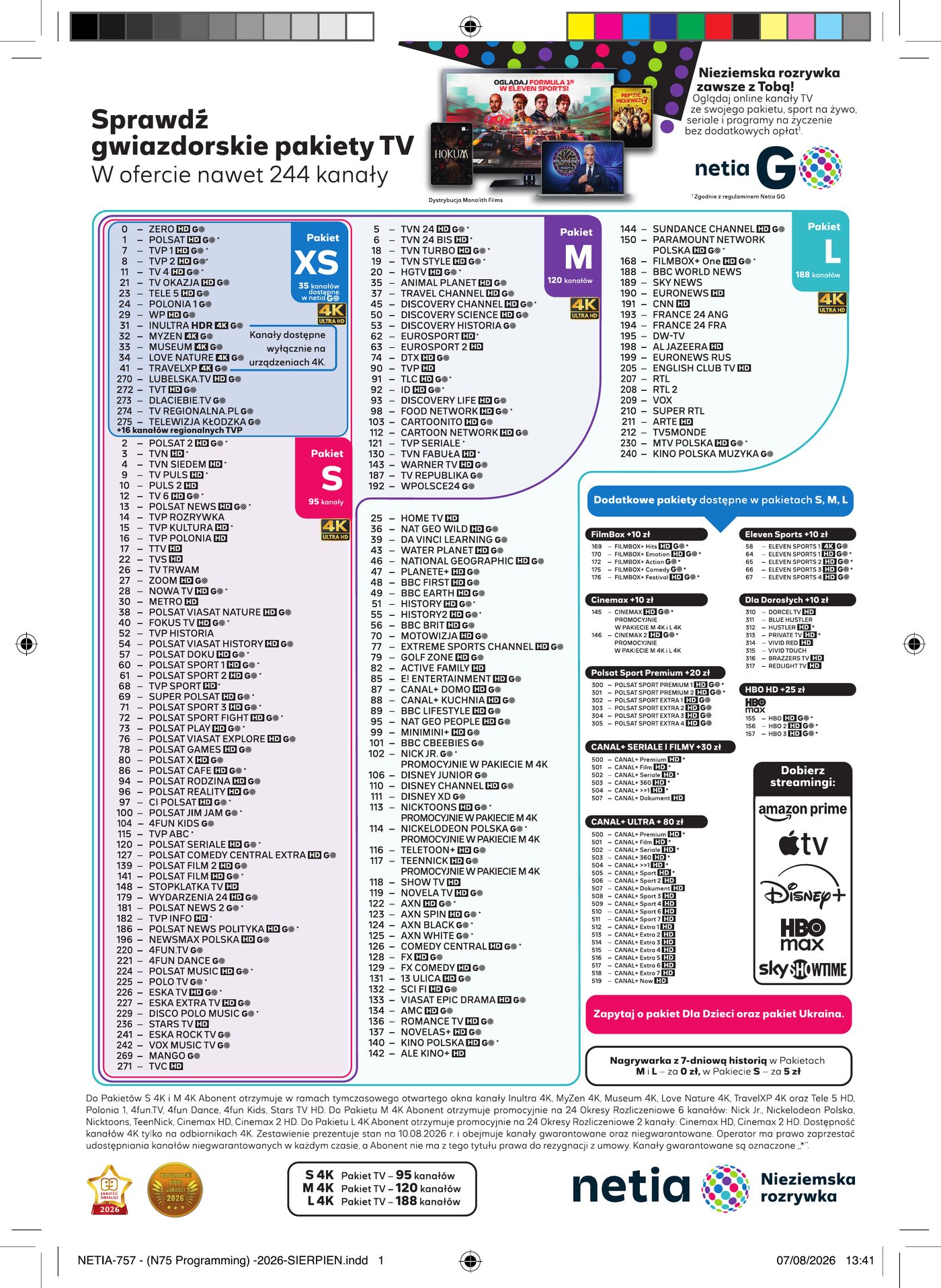 Netia – programming, lista kanałów w pakietach TV XS, S, M, L (N75 Programming, sierpień 2026)